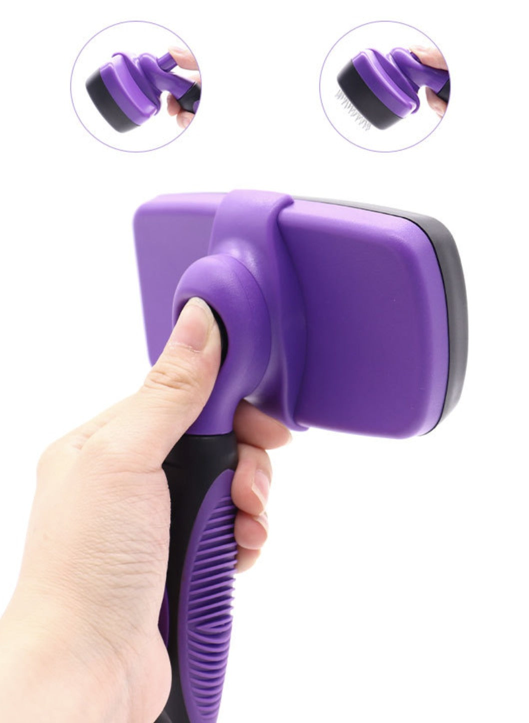 Pet slicker brush retract button being pressed to release collected fur