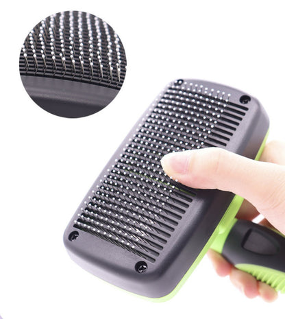 Close-up of the fine stainless steel bristles on the self-cleaning slicker brush