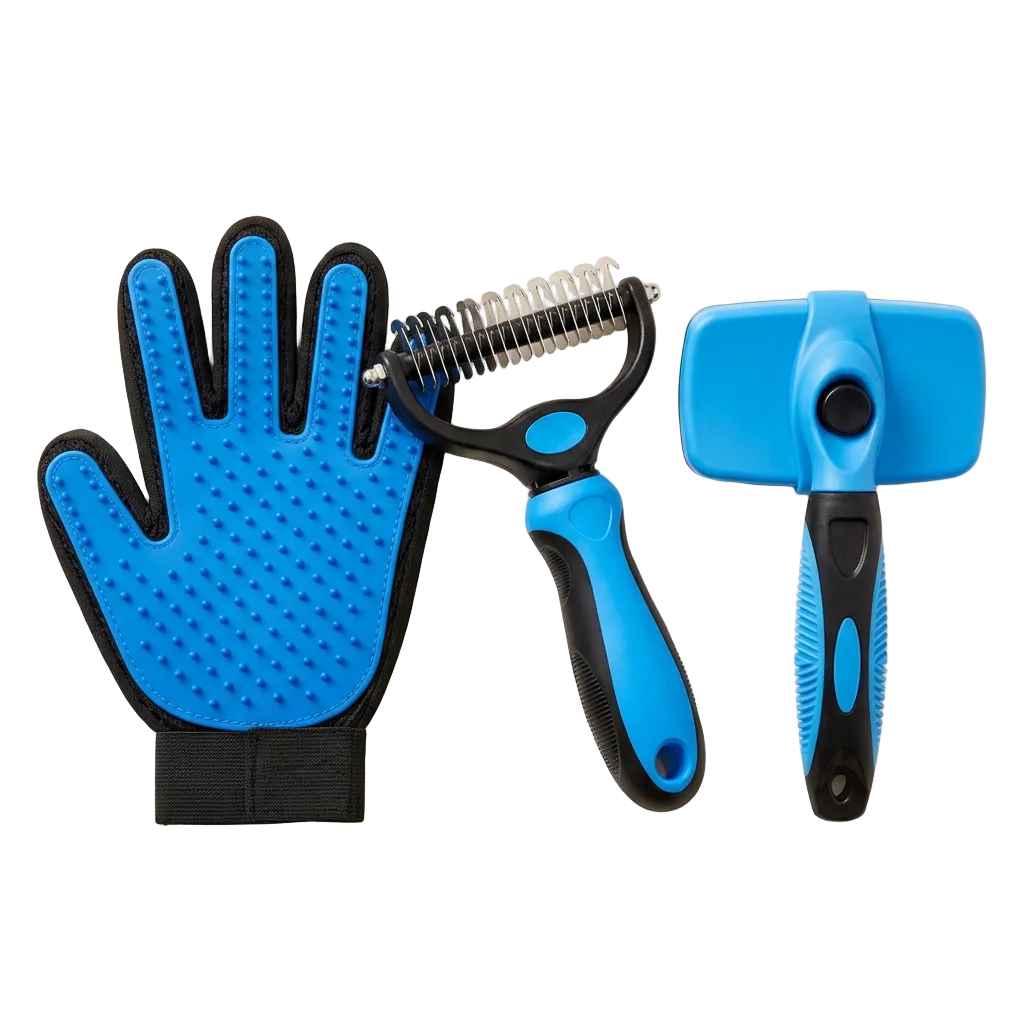 Luxerra Shed-Free Grooming Kit — blue self-cleaning slicker brush, undercoat rake and grooming glove
