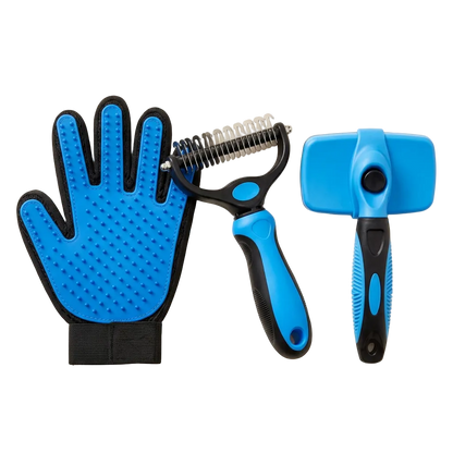 Luxerra Shed-Free Grooming Kit — blue self-cleaning slicker brush, undercoat rake and grooming glove