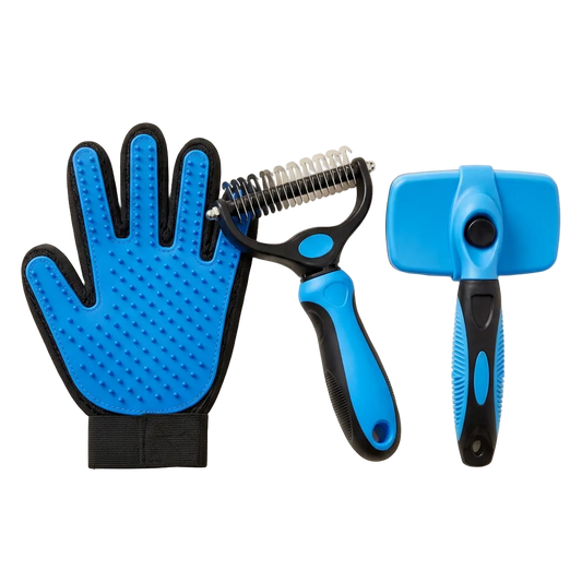 Luxerra Shed-Free Grooming Kit — blue self-cleaning slicker brush, undercoat rake and grooming glove