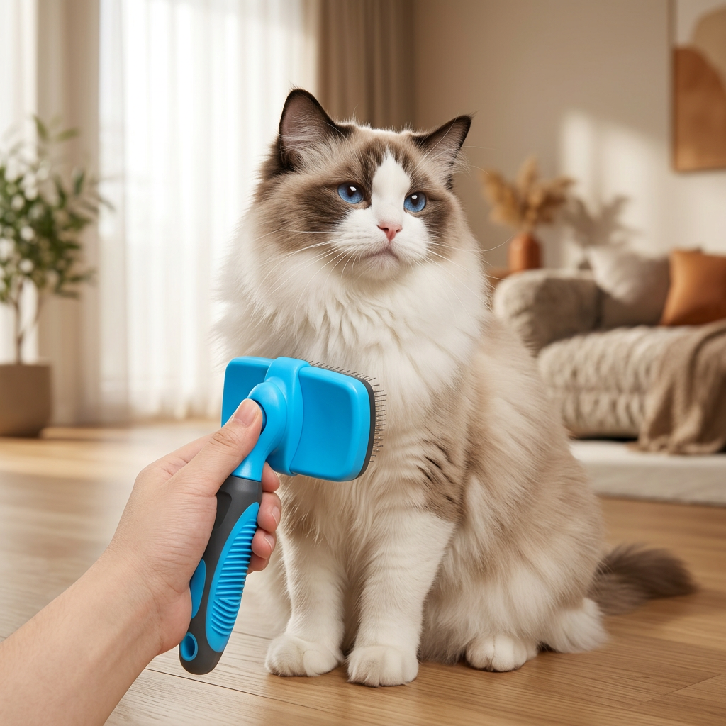 Fluffy cat being gently groomed with the Luxerra slicker brush