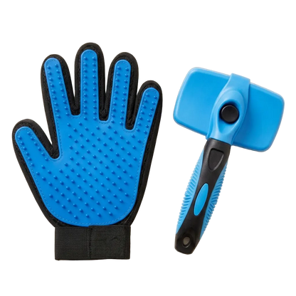 Self-cleaning slicker brush bristles extended and retracted with one button press
