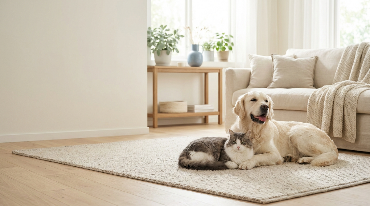 A calm, happy cat and dog resting together in a bright, modern living room